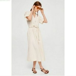 Mango Beige V-Neck Tie Waist Midi Dress